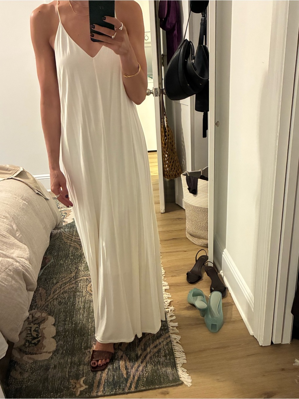 Massimo Dutti White Slip Maxi Dress with V-Neck